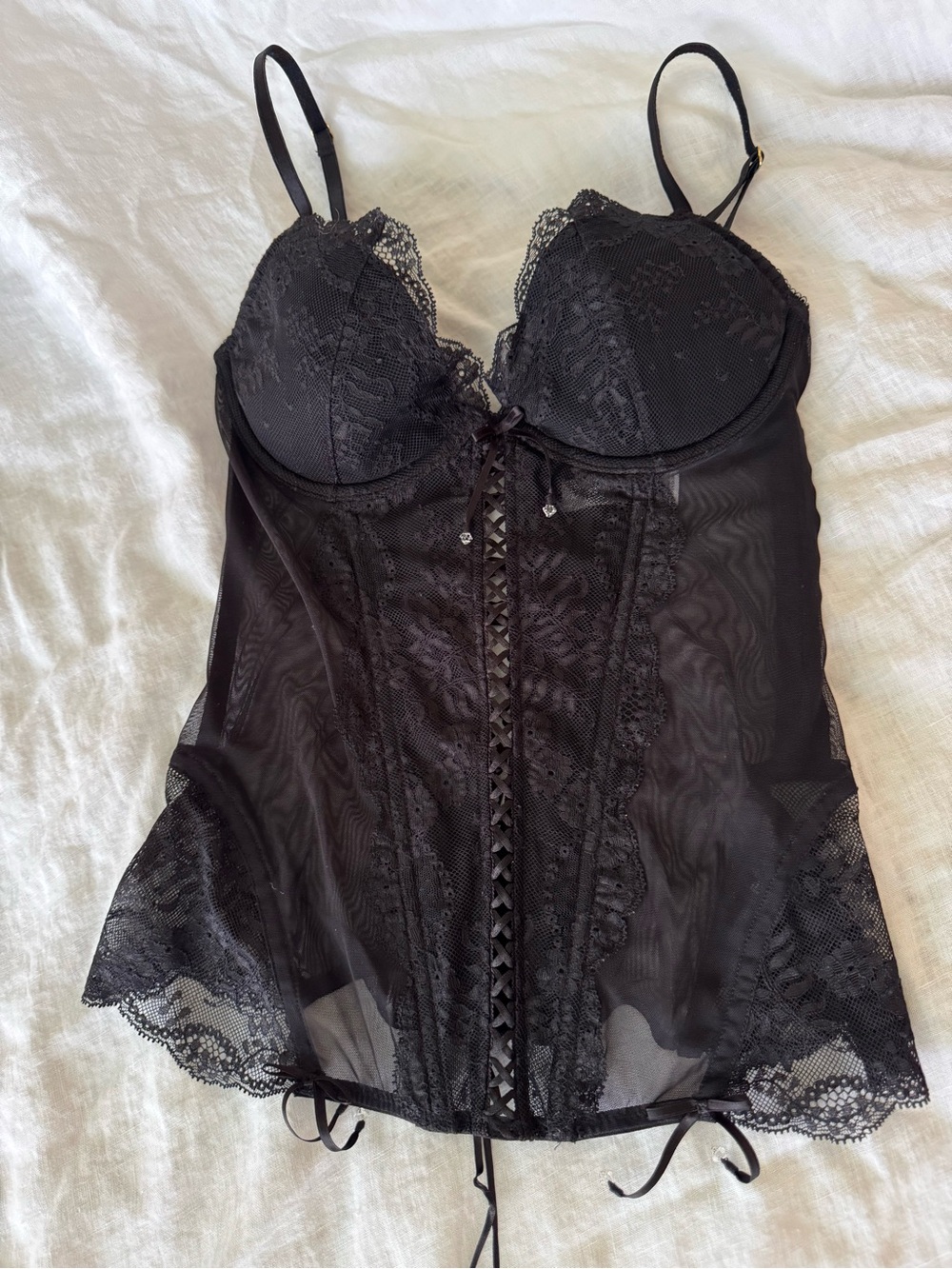 Victoria's Secret 34B Black Lace Corset Bustier Boned Lace Up Back Y2K